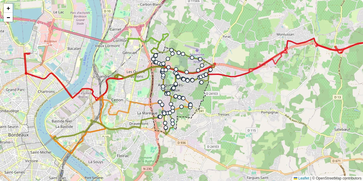 Carte du réseau de transport en commun à Artigues-près-Bordeaux - lignes de bus et arrêts