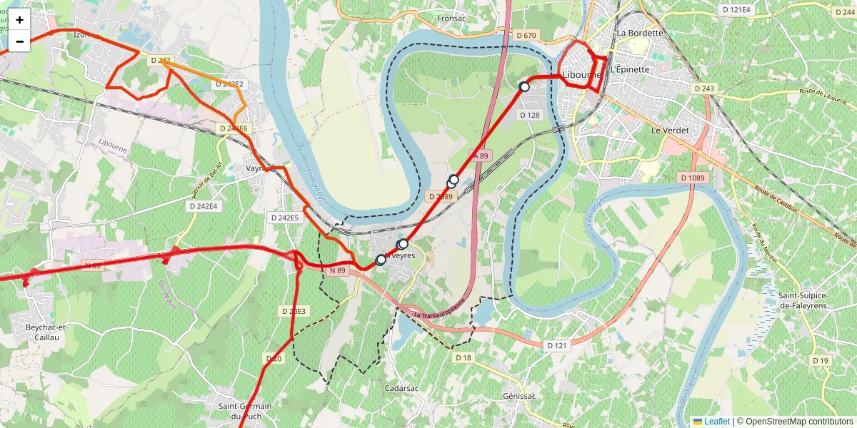 Carte du réseau de transport en commun à Arveyres - lignes de bus et arrêts
