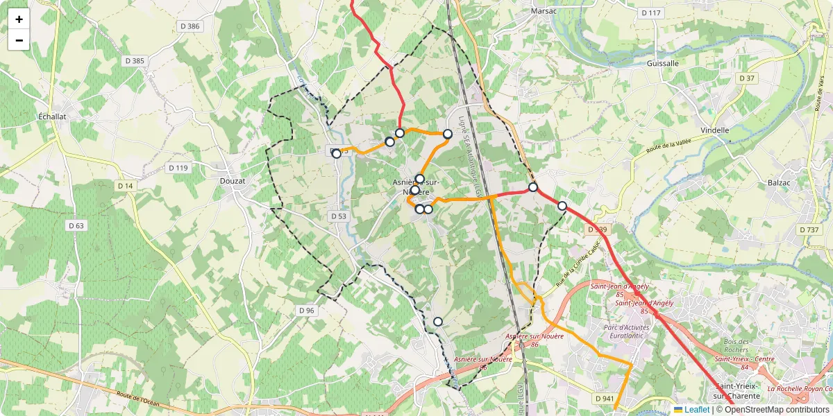 Carte du réseau de transport en commun à Asnières-sur-Nouère - lignes de bus et arrêts
