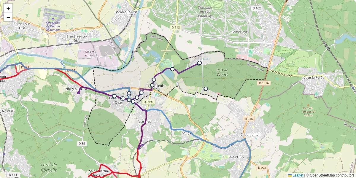 Carte du réseau de transport en commun à Asnières-sur-Oise - lignes de bus et arrêts