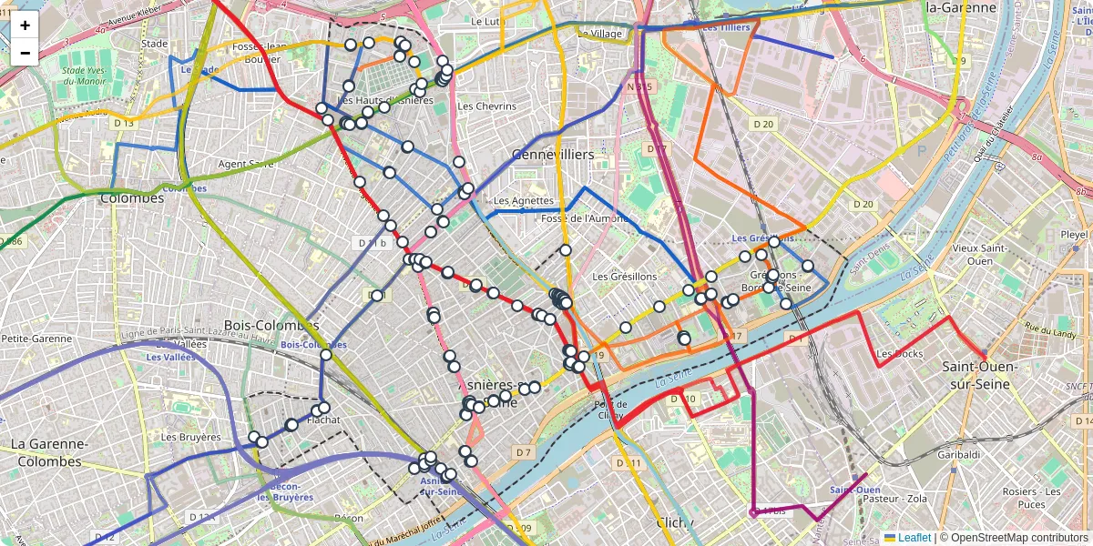 Carte du réseau de transport en commun à Asnières-sur-Seine - lignes de bus et arrêts