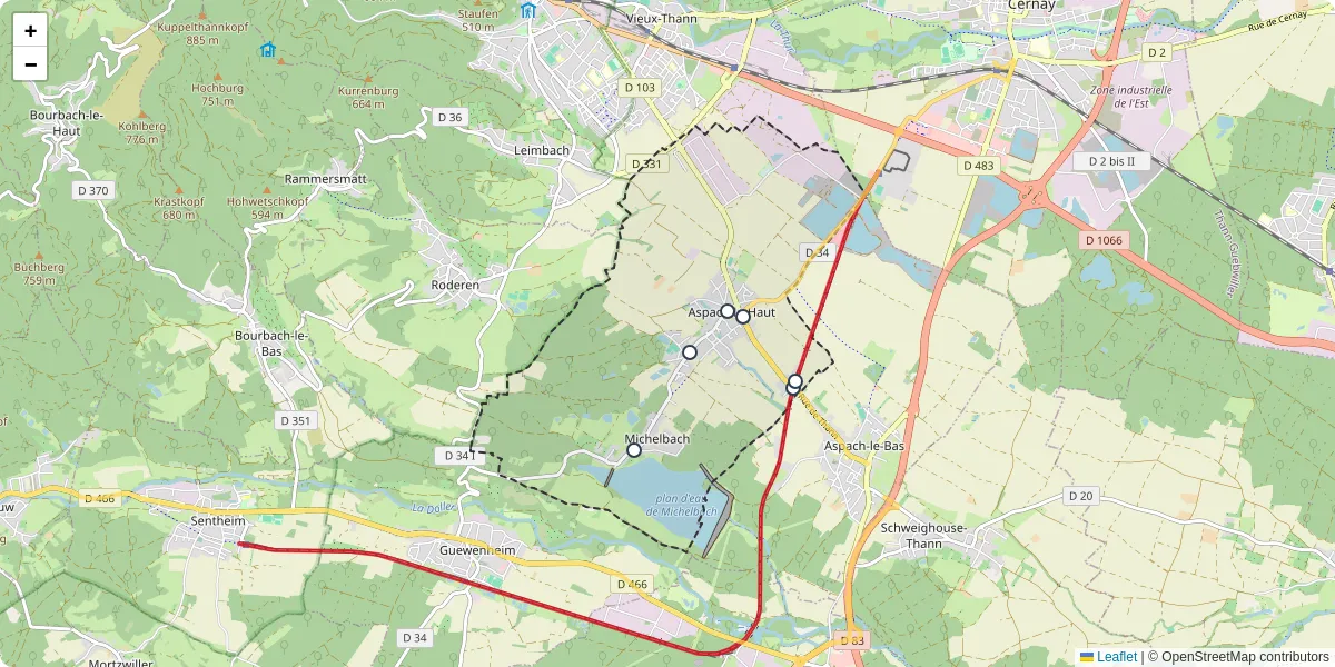 Carte du réseau de transport en commun à Aspach-Michelbach - lignes de bus et arrêts
