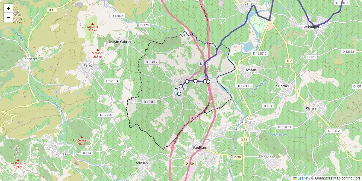 Carte du réseau de transport en commun à Aspiran - lignes de bus et arrêts
