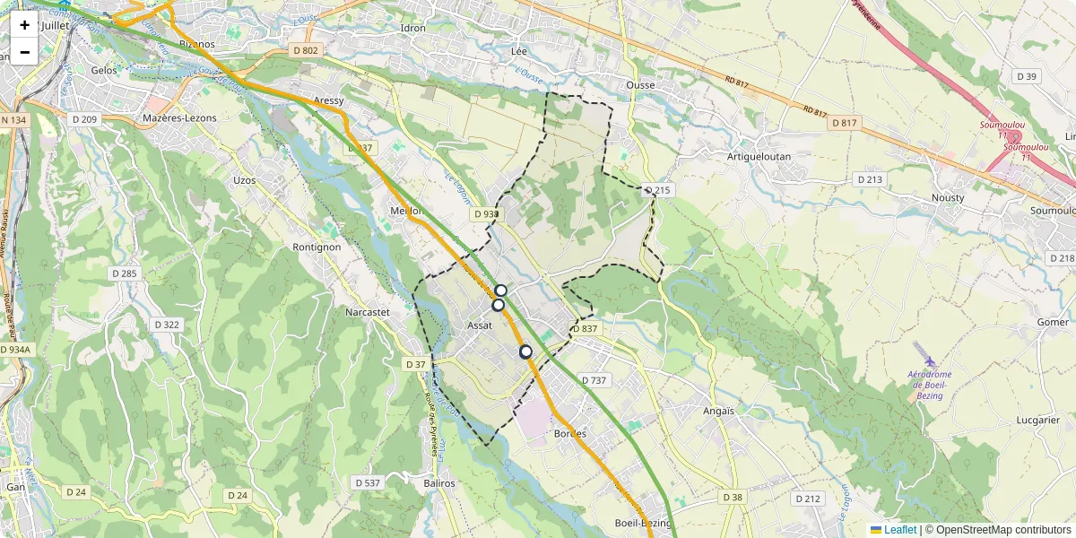 Carte du réseau de transport en commun à Assat - lignes de bus et arrêts