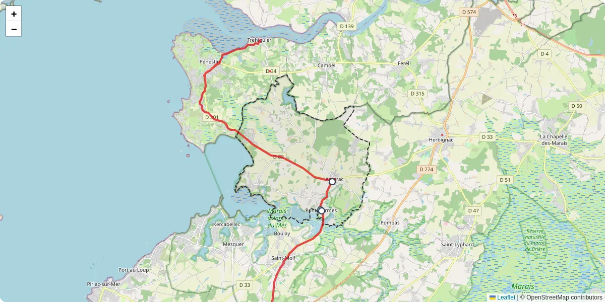Carte du réseau de transport en commun à Assérac - lignes de bus et arrêts