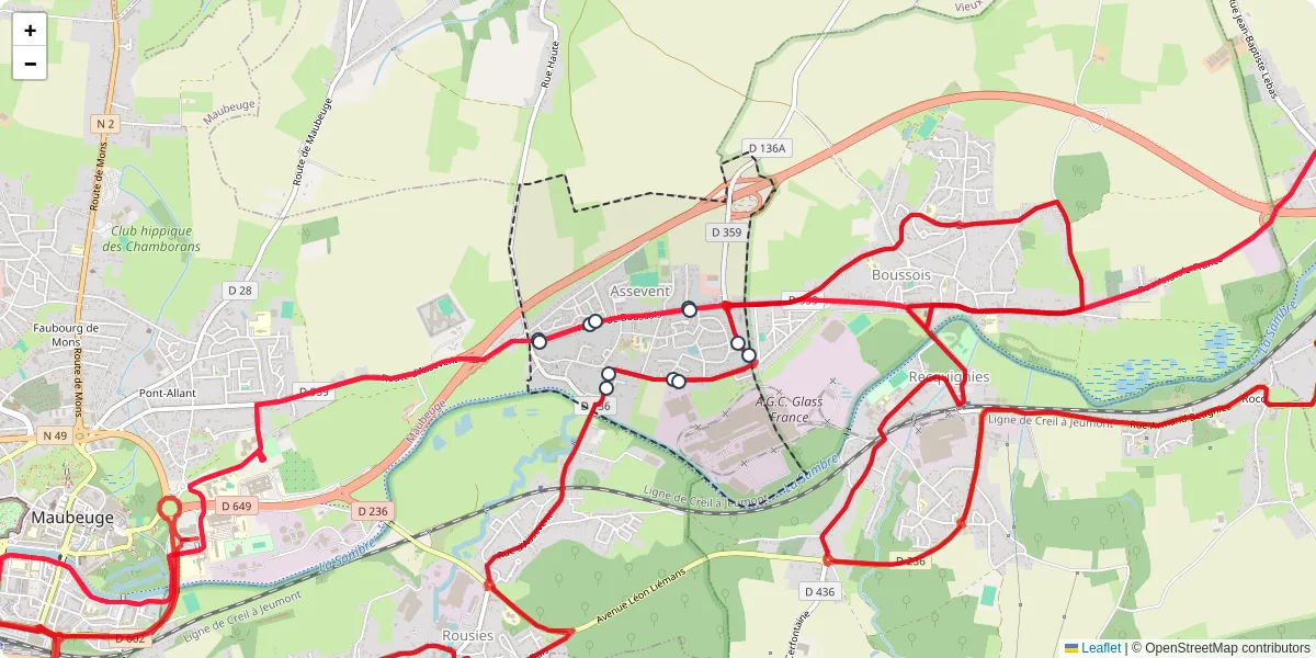 Carte du réseau de transport en commun à Assevent - lignes de bus et arrêts