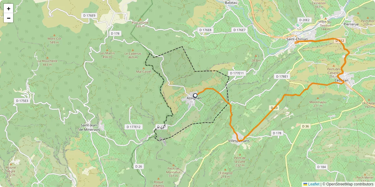 Carte du réseau de transport en commun à Assignan - lignes de bus et arrêts