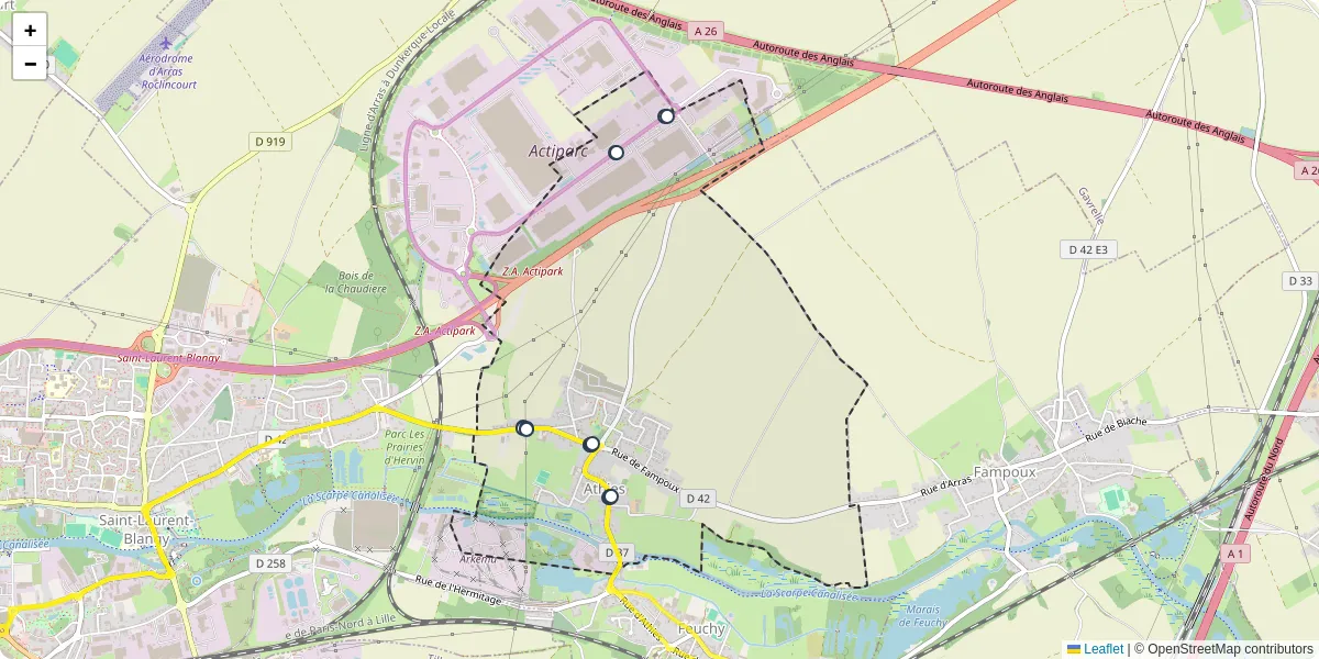 Carte du réseau de transport en commun à Athies - lignes de bus et arrêts