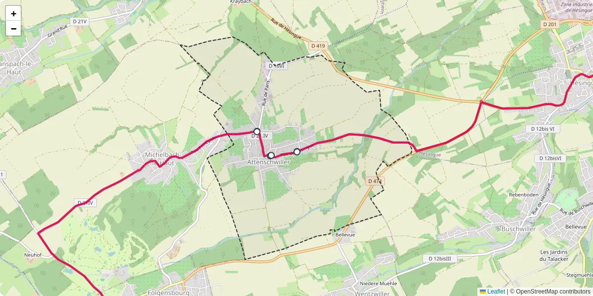 Carte du réseau de transport en commun à Attenschwiller - lignes de bus et arrêts