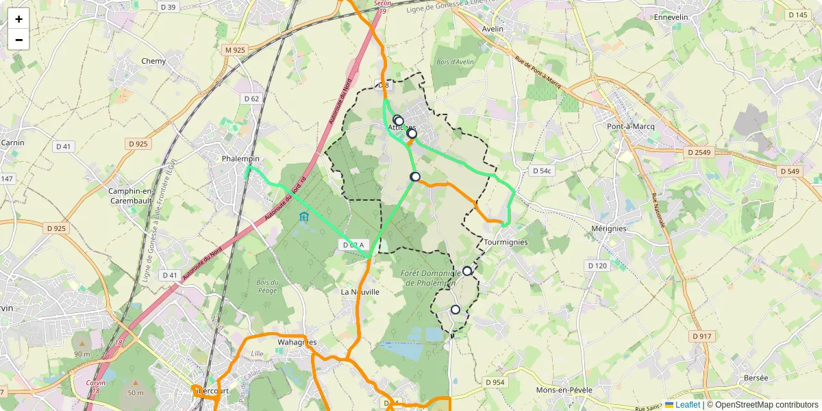 Carte du réseau de transport en commun à Attiches - lignes de bus et arrêts