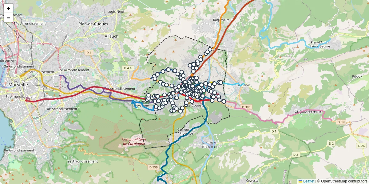 Carte du réseau de transport en commun à Aubagne - lignes de bus et arrêts