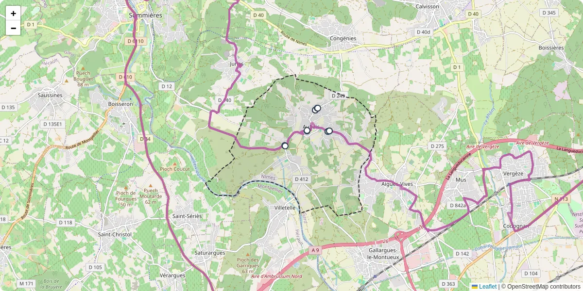 Carte du réseau de transport en commun à Aubais - lignes de bus et arrêts