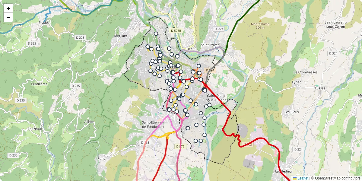 Carte du réseau de transport en commun à Aubenas - lignes de bus et arrêts