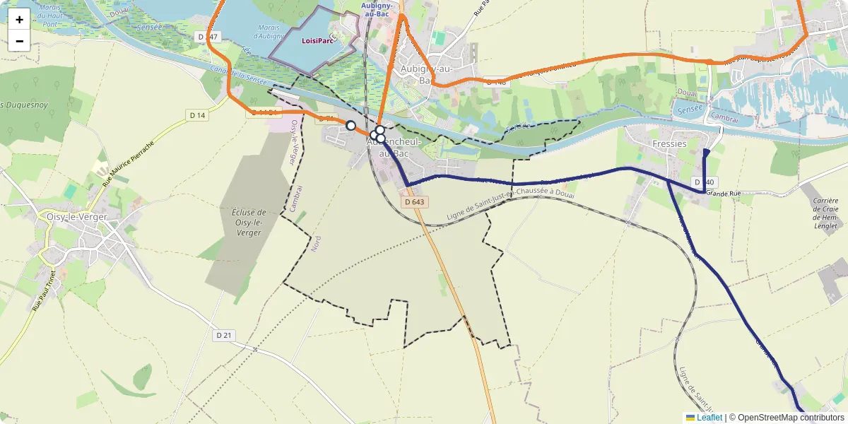 Carte du réseau de transport en commun à Aubencheul-au-Bac - lignes de bus et arrêts