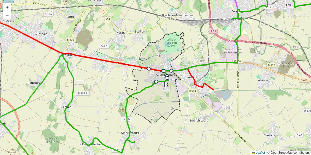 Carte du réseau de transport en commun à Auberchicourt - lignes de bus et arrêts