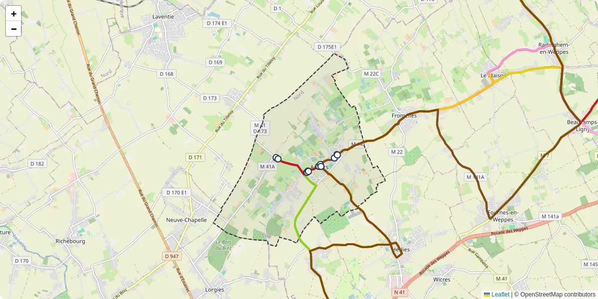Carte du réseau de transport en commun à Aubers - lignes de bus et arrêts