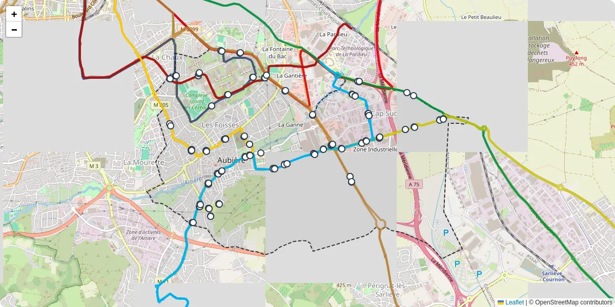 Carte du réseau de transport en commun à Aubière - lignes de bus et arrêts