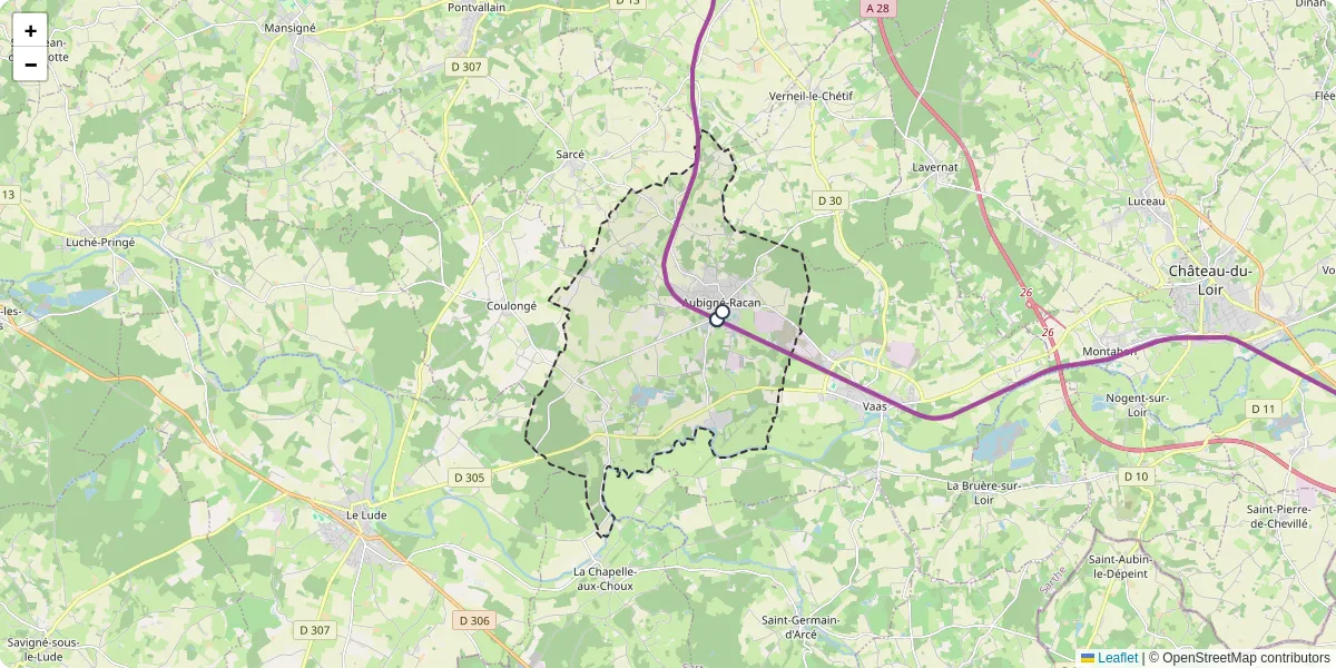 Carte du réseau de transport en commun à Aubigné-Racan - lignes de bus et arrêts