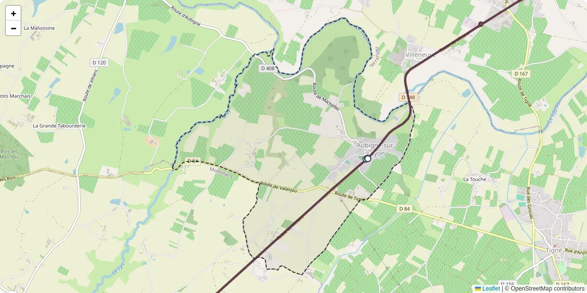 Carte du réseau de transport en commun à Aubigné-sur-Layon - lignes de bus et arrêts