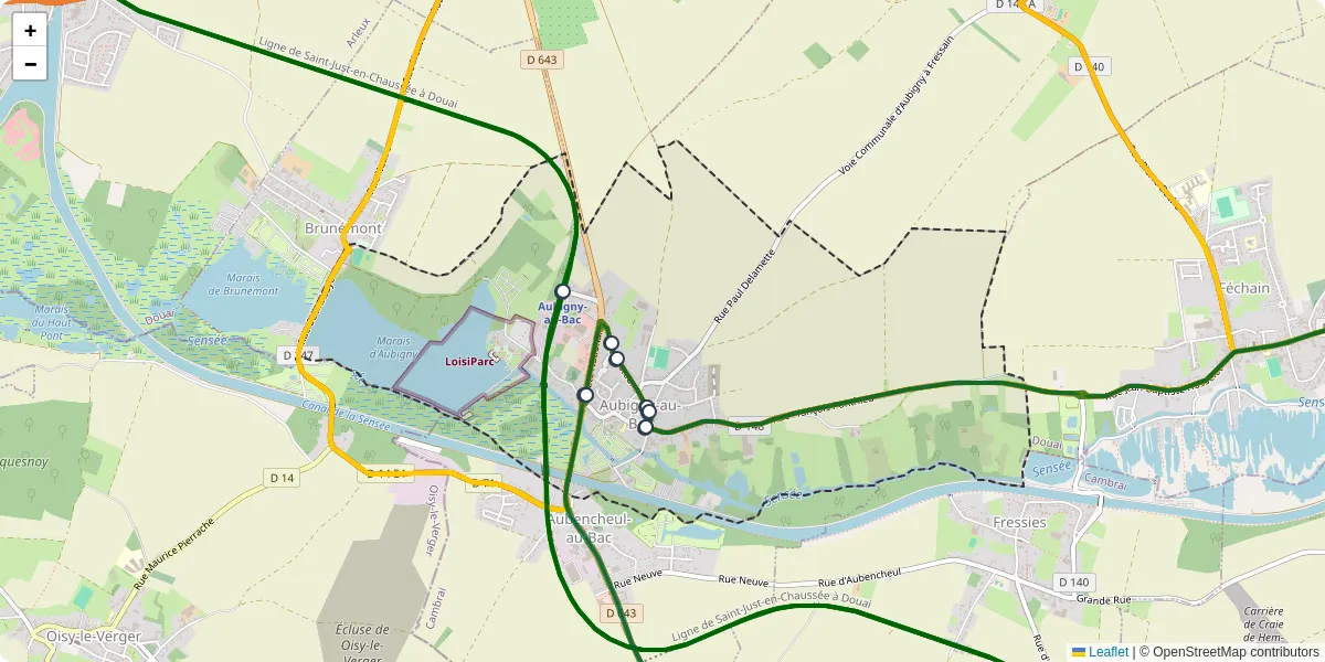 Carte du réseau de transport en commun à Aubigny-au-Bac - lignes de bus et arrêts