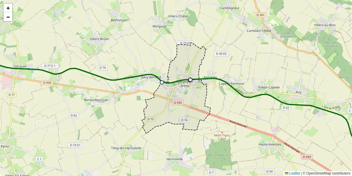 Carte du réseau de transport en commun à Aubigny-en-Artois - lignes de bus et arrêts