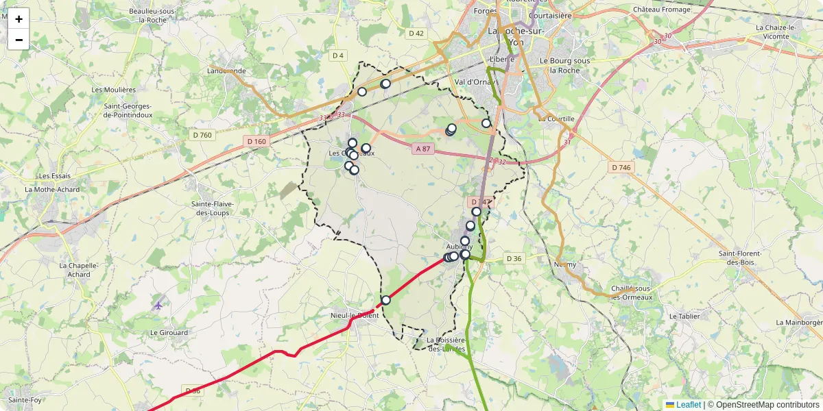 Carte du réseau de transport en commun à Aubigny-Les Clouzeaux - lignes de bus et arrêts