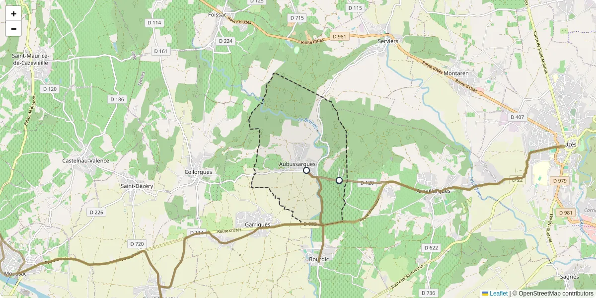 Carte du réseau de transport en commun à Aubussargues - lignes de bus et arrêts