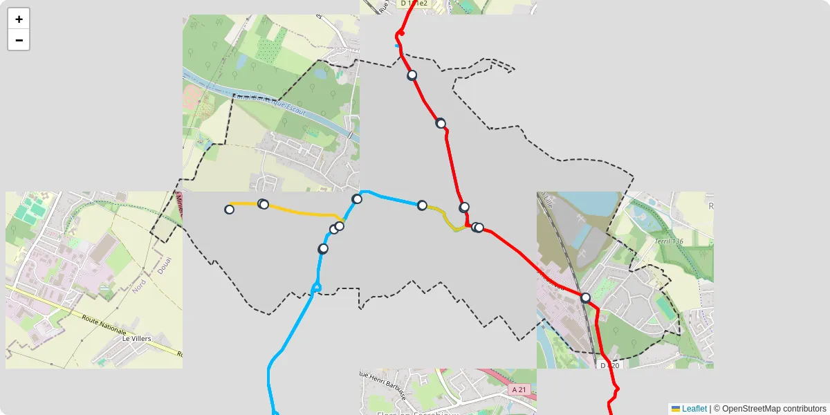 Carte du réseau de transport en commun à Auby - lignes de bus et arrêts