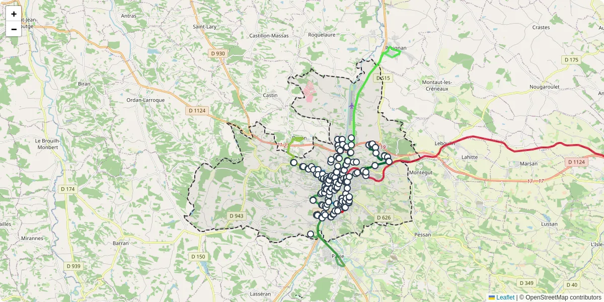 Carte du réseau de transport en commun à Auch - lignes de bus et arrêts