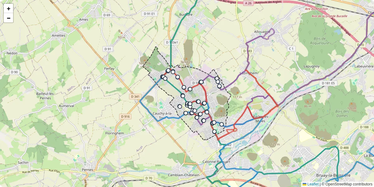Carte du réseau de transport en commun à Auchel - lignes de bus et arrêts