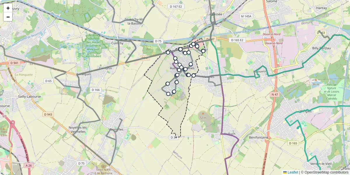 Carte du réseau de transport en commun à Auchy-les-Mines - lignes de bus et arrêts