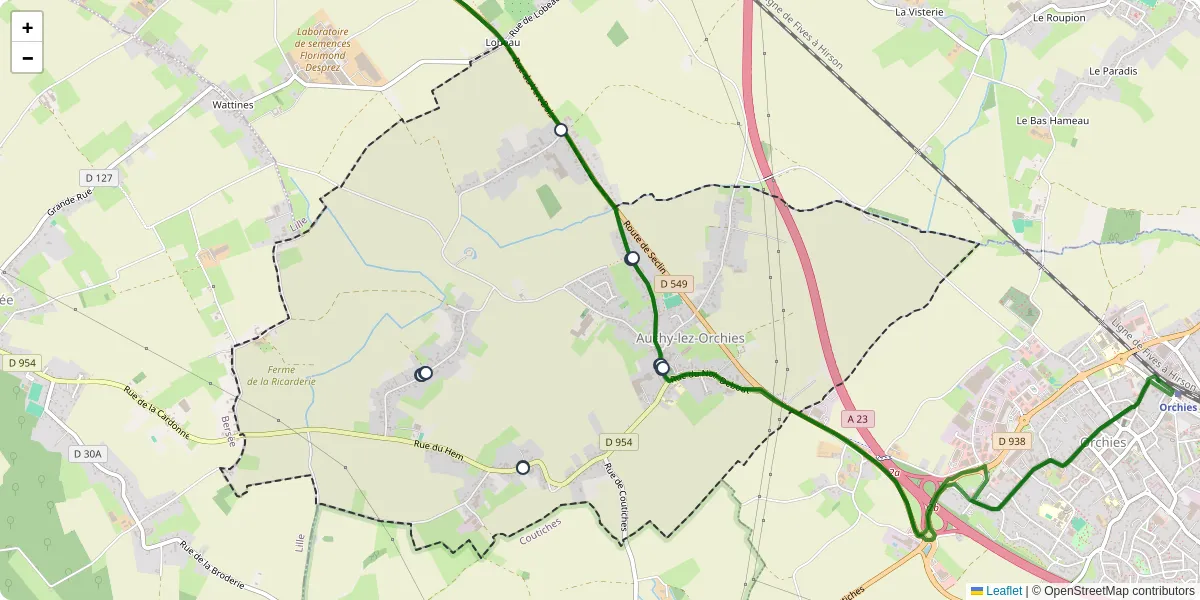 Carte du réseau de transport en commun à Auchy-lez-Orchies - lignes de bus et arrêts
