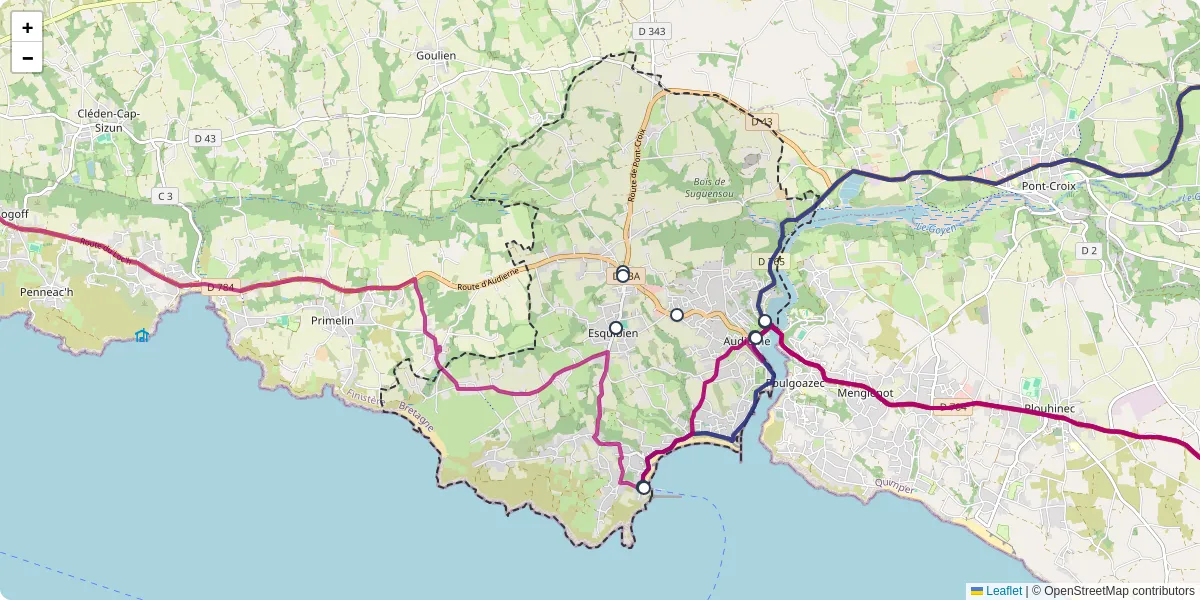 Carte du réseau de transport en commun à Audierne - lignes de bus et arrêts