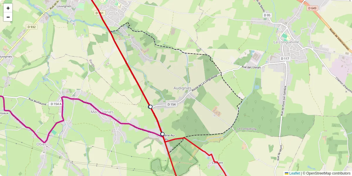 Carte du réseau de transport en commun à Audignies - lignes de bus et arrêts