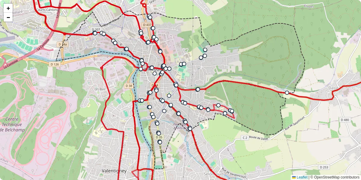 Carte du réseau de transport en commun à Audincourt - lignes de bus et arrêts