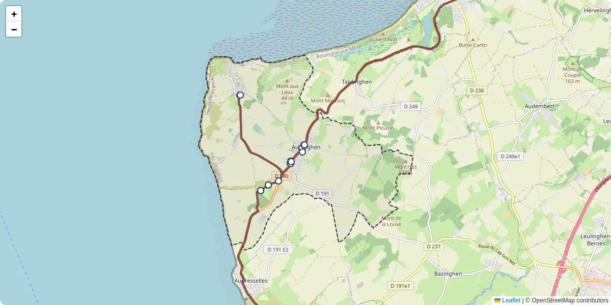 Carte du réseau de transport en commun à Audinghen - lignes de bus et arrêts