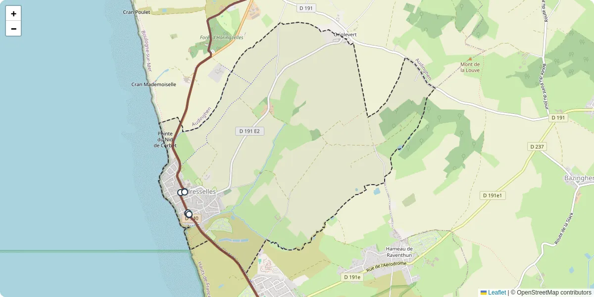 Carte du réseau de transport en commun à Audresselles - lignes de bus et arrêts