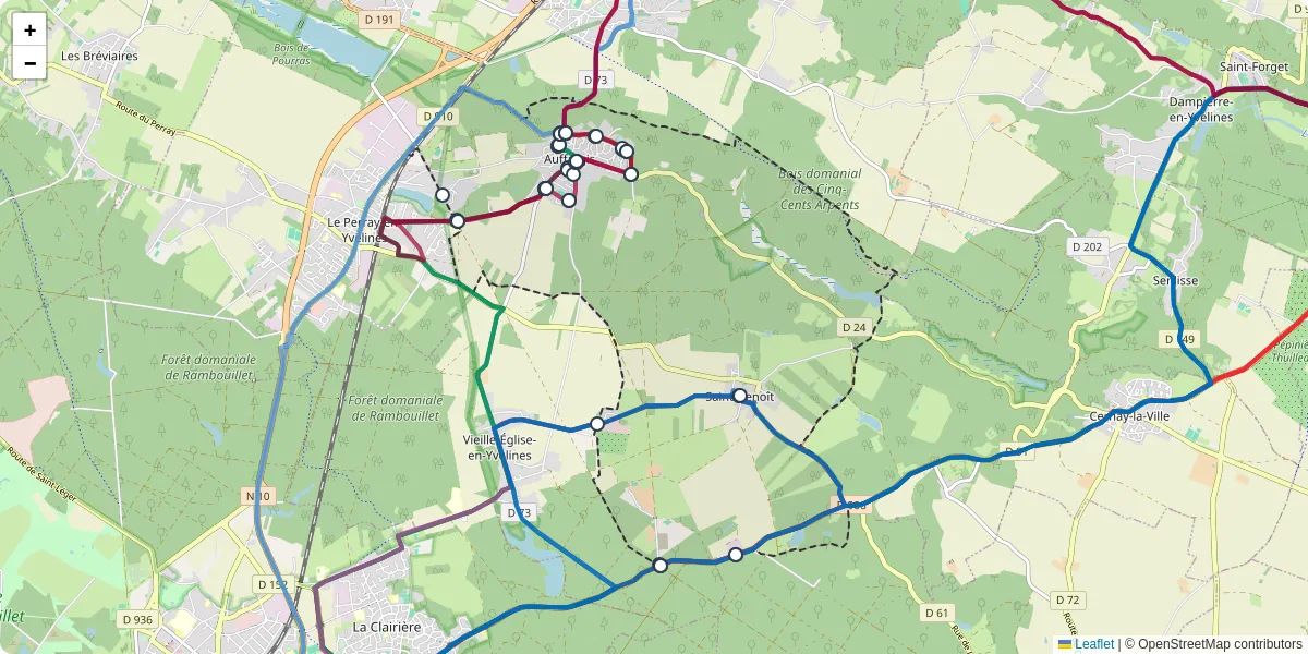 Carte du réseau de transport en commun à Auffargis - lignes de bus et arrêts