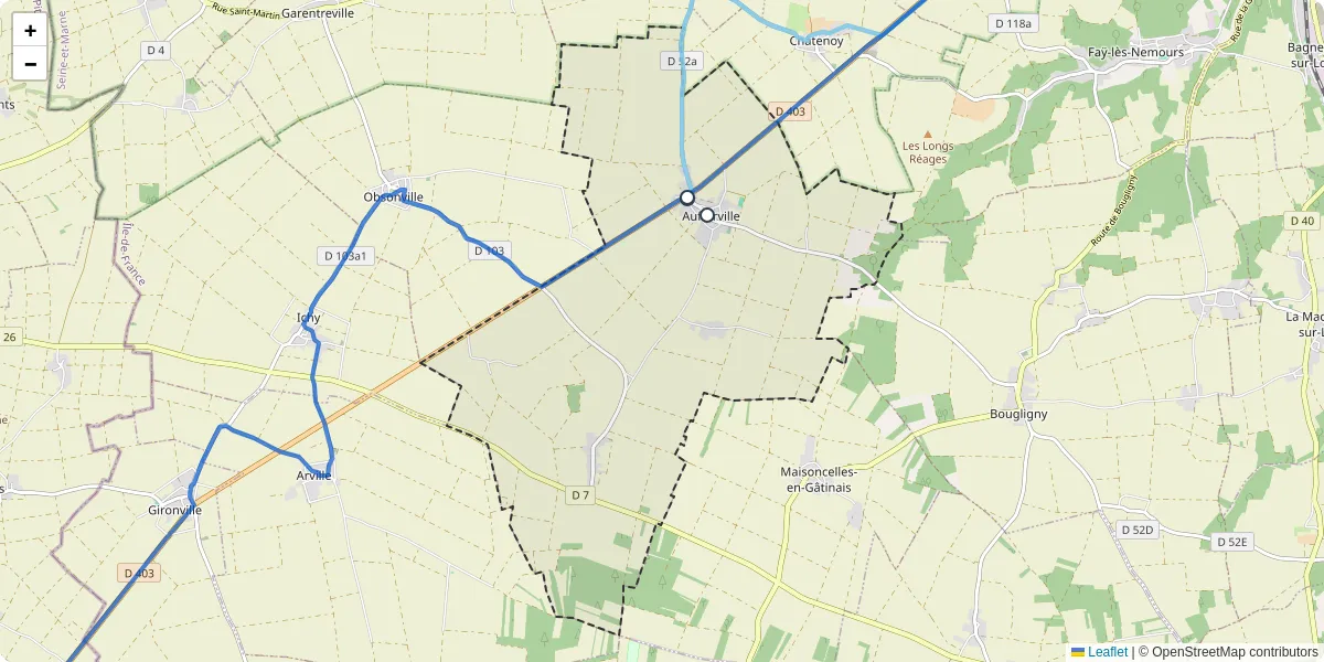Carte du réseau de transport en commun à Aufferville - lignes de bus et arrêts