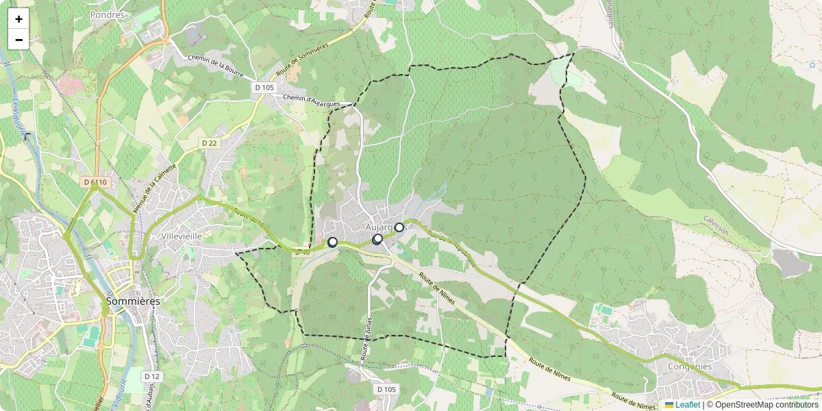 Carte du réseau de transport en commun à Aujargues - lignes de bus et arrêts