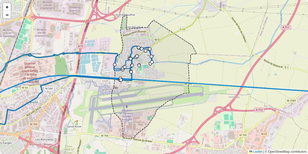 Carte du réseau de transport en commun à Aulnat - lignes de bus et arrêts
