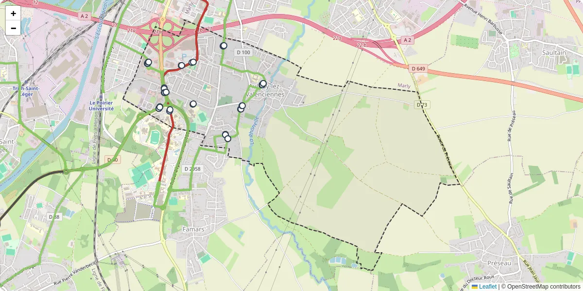 Carte du réseau de transport en commun à Aulnoy-lez-Valenciennes - lignes de bus et arrêts