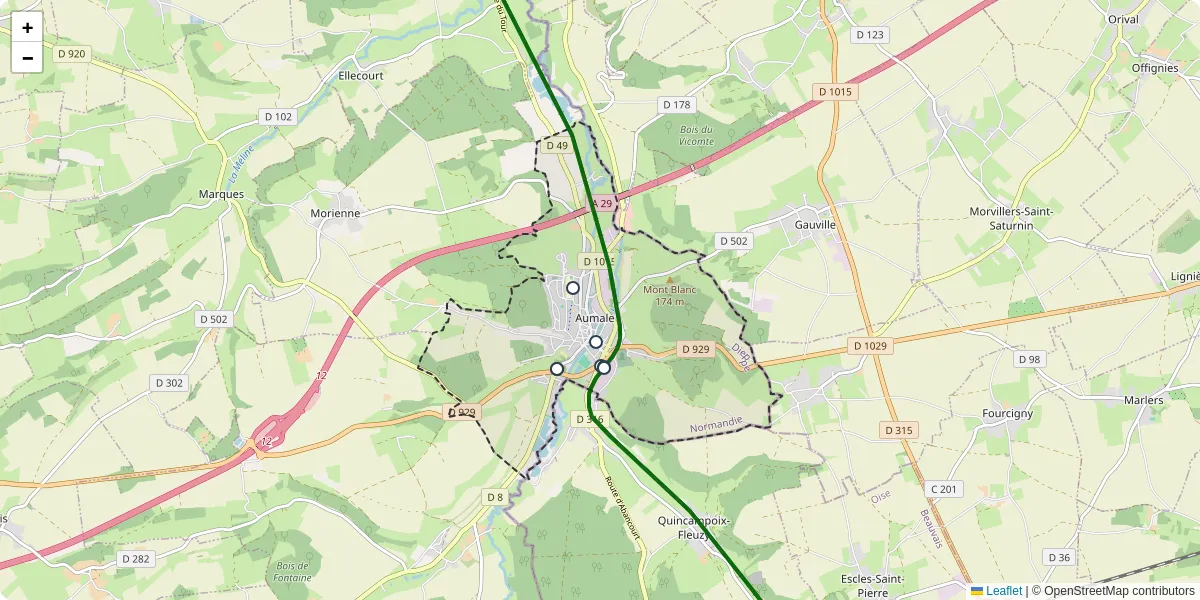 Carte du réseau de transport en commun à Aumale - lignes de bus et arrêts