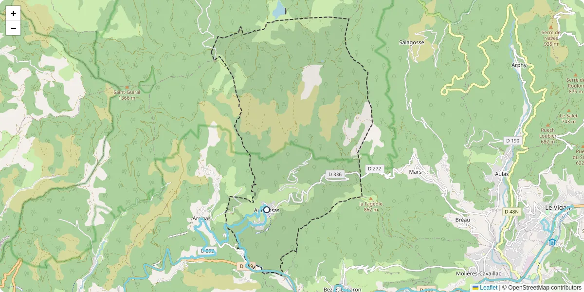 Carte du réseau de transport en commun à Aumessas - lignes de bus et arrêts