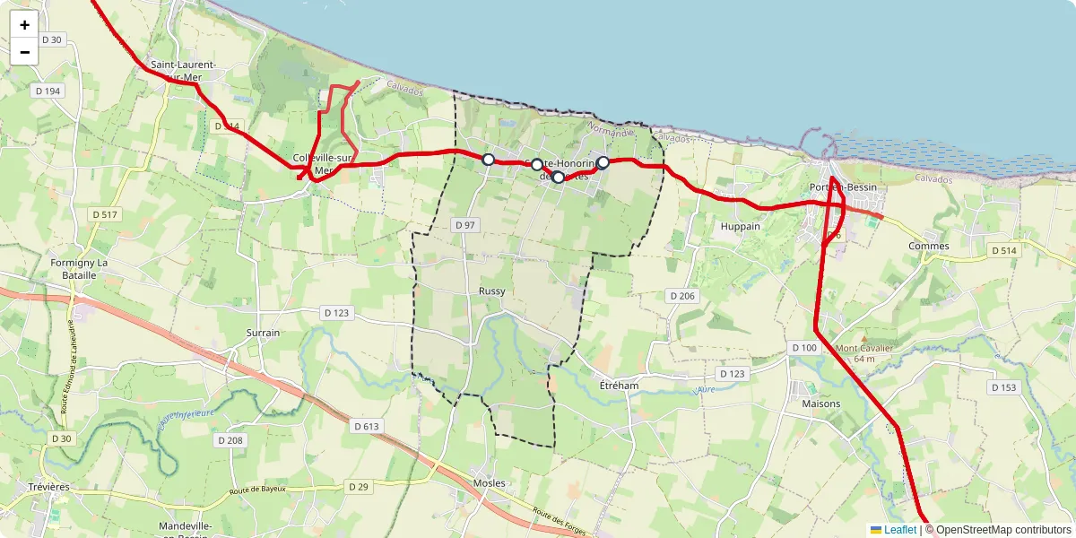 Carte du réseau de transport en commun à Aure sur Mer - lignes de bus et arrêts