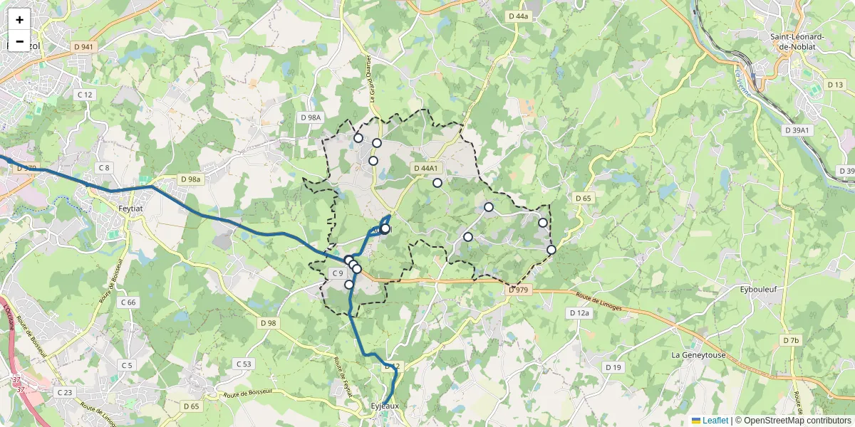 Carte du réseau de transport en commun à Aureil - lignes de bus et arrêts