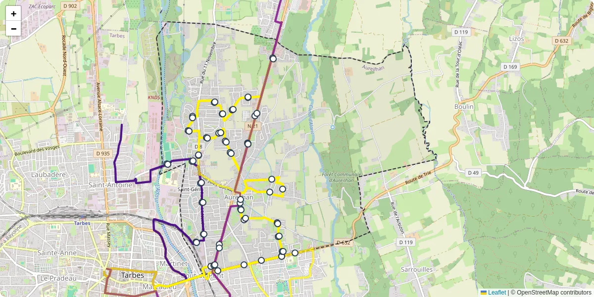 Carte du réseau de transport en commun à Aureilhan - lignes de bus et arrêts