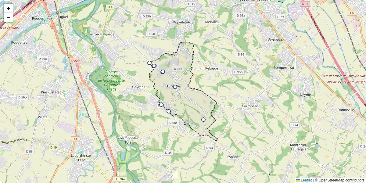 Carte du réseau de transport en commun à Aureville - lignes de bus et arrêts