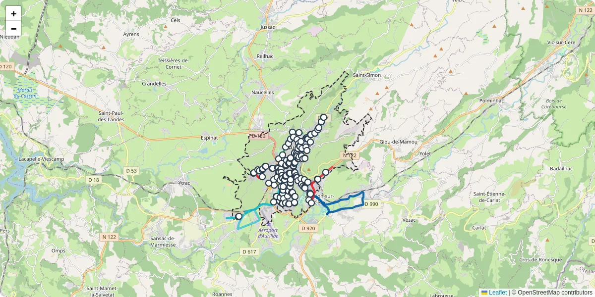 Carte du réseau de transport en commun à Aurillac - lignes de bus et arrêts