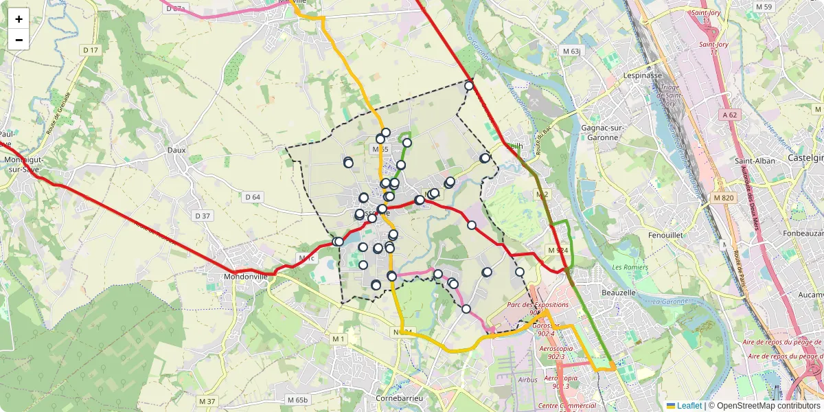 Carte du réseau de transport en commun à Aussonne - lignes de bus et arrêts